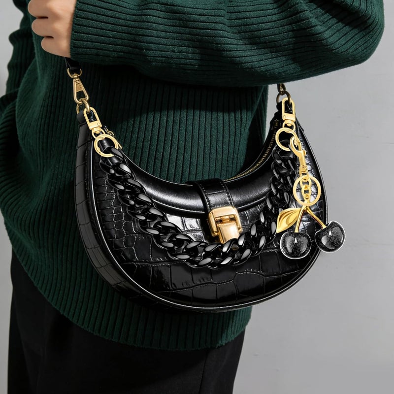 TUCEWP Black Purse Chain Strap 18.5 Inch Chunky Acrylic Bag Handle Shoulder Strap Replacement with Glitter Cherry Keychain Charms Luxury Handbag Decoration Chain Bag Accessories Charms for Women - Image 2